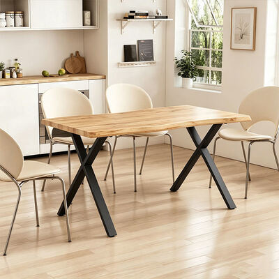 Gaya minimalis persegi panjang Meja makan tepi hidup Metal Base Meja makan furnitur Kayu Meja makan modern Set 6 kursi