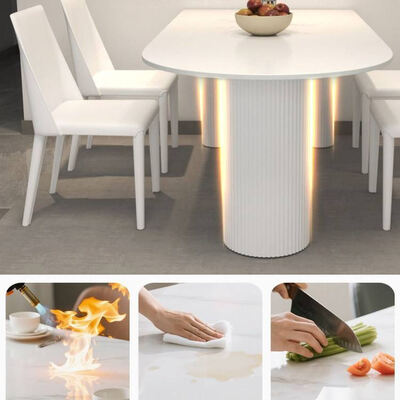 Set Meja Makan Skandinavia Putih Base Logam Furnitur Ruangan Makan Batu Slate Atas Meja Makan Modern untuk Apartemen Hotel