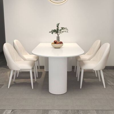 Set Meja Makan Skandinavia Putih Base Logam Furnitur Ruangan Makan Batu Slate Atas Meja Makan Modern untuk Apartemen Hotel
