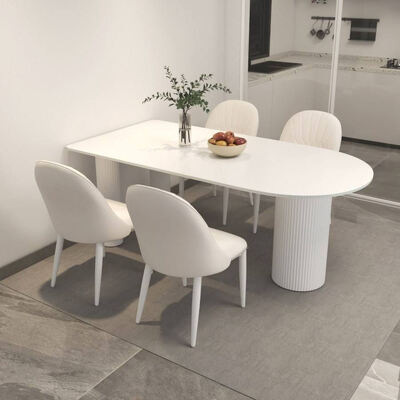 Set Meja Makan Skandinavia Putih Base Logam Furnitur Ruangan Makan Batu Slate Atas Meja Makan Modern untuk Apartemen Hotel