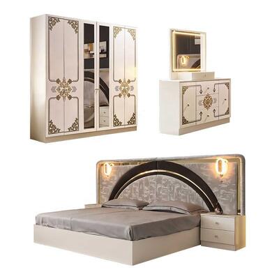 Set Kamar Tidur Lengkap Emas Putih Mewah Modern Bingkai Kayu Ukuran King dengan Sandaran Kepala LED Kilap Tinggi Set Furnitur Kamar Tidur Utama