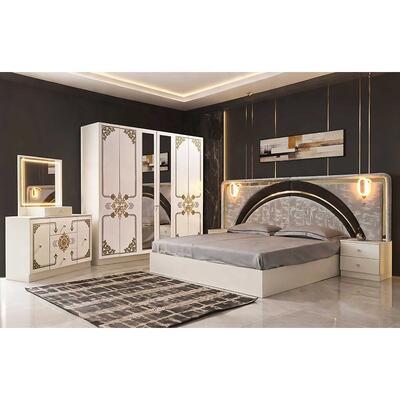 Set Kamar Tidur Lengkap Emas Putih Mewah Modern Bingkai Kayu Ukuran King dengan Sandaran Kepala LED Kilap Tinggi Set Furnitur Kamar Tidur Utama