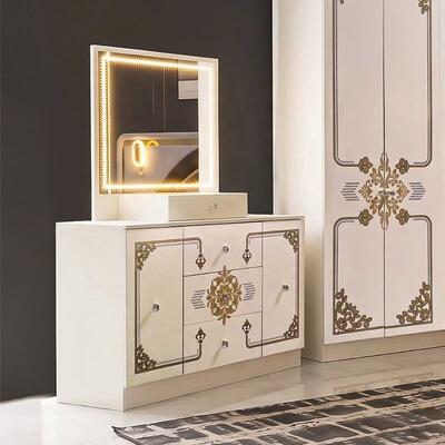 Set Kamar Tidur Lengkap Emas Putih Mewah Modern Bingkai Kayu Ukuran King dengan Sandaran Kepala LED Kilap Tinggi Set Furnitur Kamar Tidur Utama