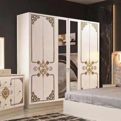 Set Kamar Tidur Lengkap Emas Putih Mewah Modern Bingkai Kayu Ukuran King dengan Sandaran Kepala LED Kilap Tinggi Set Furnitur Kamar Tidur Utama