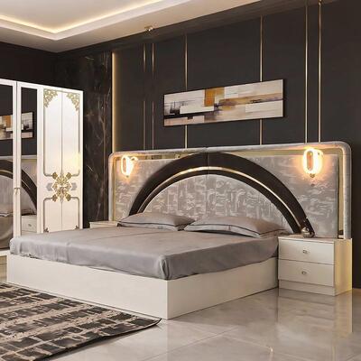 Set Kamar Tidur Lengkap Emas Putih Mewah Modern Bingkai Kayu Ukuran King dengan Sandaran Kepala LED Kilap Tinggi Set Furnitur Kamar Tidur Utama