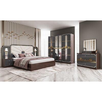 Set Furnitur Kamar Tidur Mewah Modern Bingkai Kayu Abu-abu Kilap Tinggi Tempat Tidur Ukuran King Suite Kamar Tidur Master Set Furnitur Kamar Tidur Turki