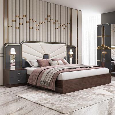 Set Furnitur Kamar Tidur Mewah Modern Bingkai Kayu Abu-abu Kilap Tinggi Tempat Tidur Ukuran King Suite Kamar Tidur Master Set Furnitur Kamar Tidur Turki
