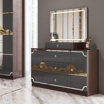 Set Furnitur Kamar Tidur Mewah Modern Bingkai Kayu Abu-abu Kilap Tinggi Tempat Tidur Ukuran King Suite Kamar Tidur Master Set Furnitur Kamar Tidur Turki