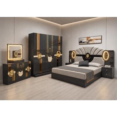 Set Kamar Tidur Lengkap Mewah Kerajaan Turki Ukuran King Rangka Kayu Headboard Lampu Perabot Kamar Tidur Modern