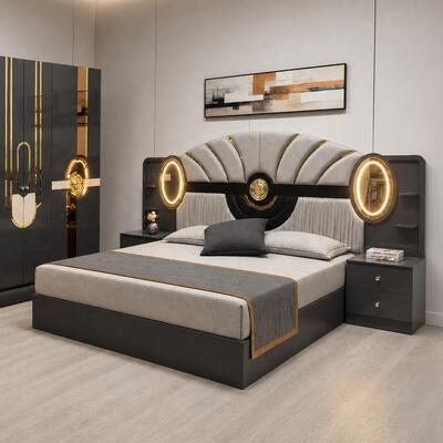 Set Kamar Tidur Lengkap Mewah Kerajaan Turki Ukuran King Rangka Kayu Headboard Lampu Perabot Kamar Tidur Modern