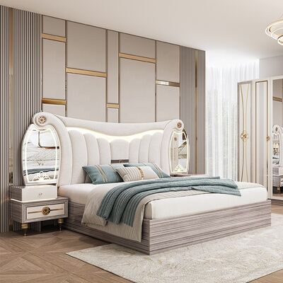 Set Furnitur Kamar Tidur Modern Ukuran King Mewah Headboard Bercahaya Set Tempat Tidur Ganda Bingkai Kayu Set Kamar Tidur Utama Turki Lengkap