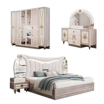 Set Furnitur Kamar Tidur Modern Ukuran King Mewah Headboard Bercahaya Set Tempat Tidur Ganda Bingkai Kayu Set Kamar Tidur Utama Turki Lengkap