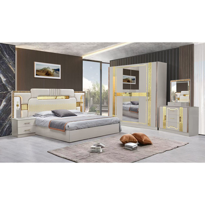 Turkish Luxury Style Frame Kayu Ukuran Raja Set Tempat Tidur Led Headboard Modern Klasik Full Home Set Kamar Tidur Kayu Furnitur